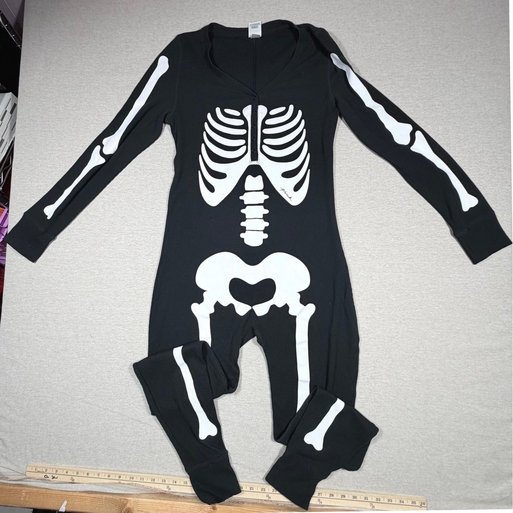 Victoria's Secret PINK Skeleton Thermal Union HTF Black Waffle Knit Large Rare